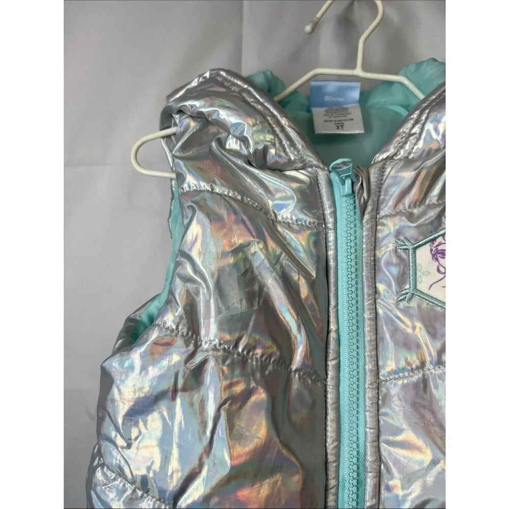 Disney Frozen iridescent silver and mint green Elsa puffer vest 3T
